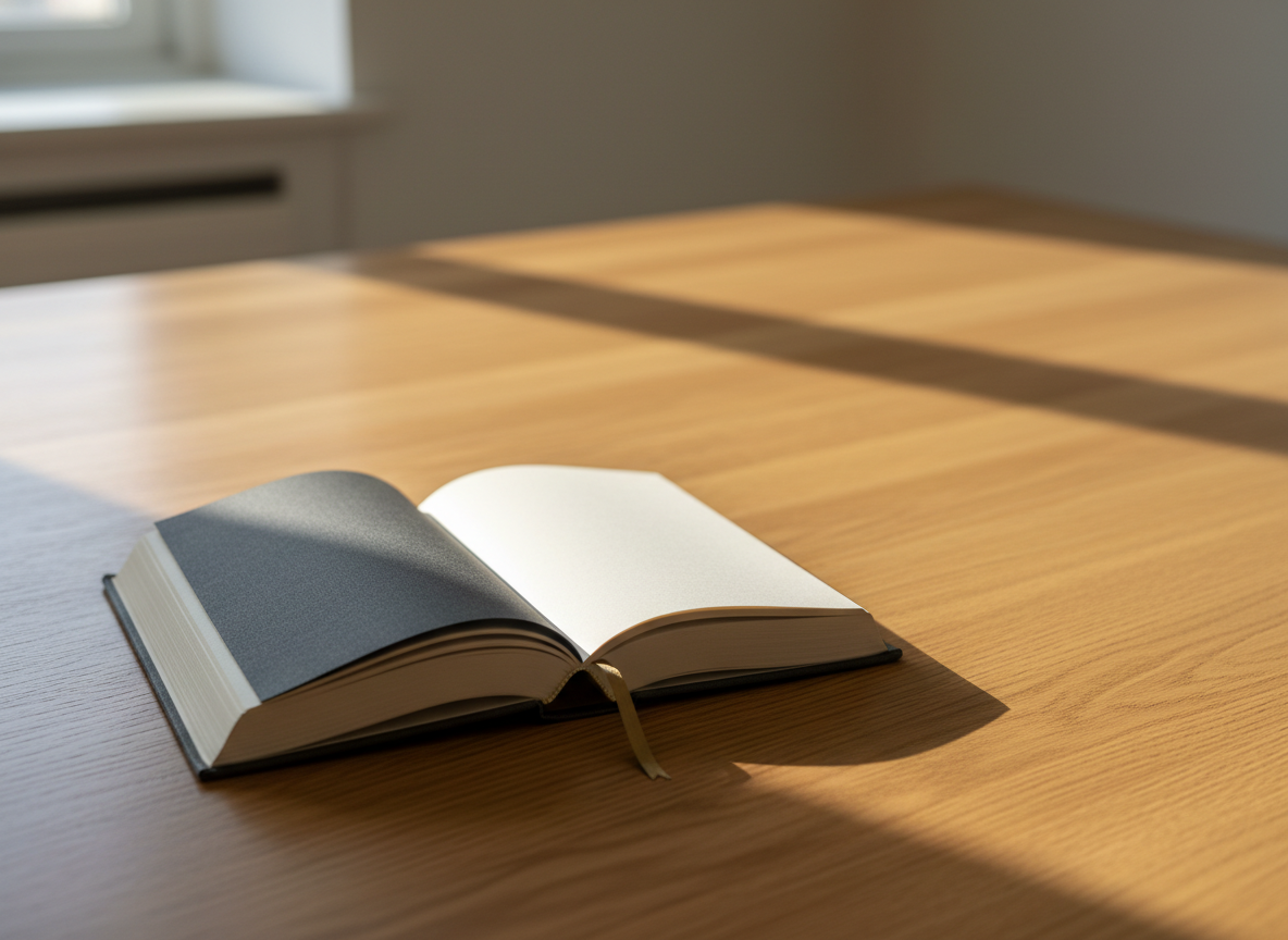 A single open hardcover book with cream-colored pages and a dark linen cover lies on a wide, uncluttered wooden table, leaving generous empty space above and around it. The pages are blank, inviting contemplation, with a slim brass bookmark resting near the spine. Soft morning light filters in from an unseen window to the left, casting long, gentle shadows and a calm, reflective glow across the grain of the wood. Photographed at eye level with a slightly shallow depth of field, the book is in crisp focus while the background fades into a subtle blur. The atmosphere is serene and sophisticated, emphasizing quiet reflection suitable for a curated collection of quotations.