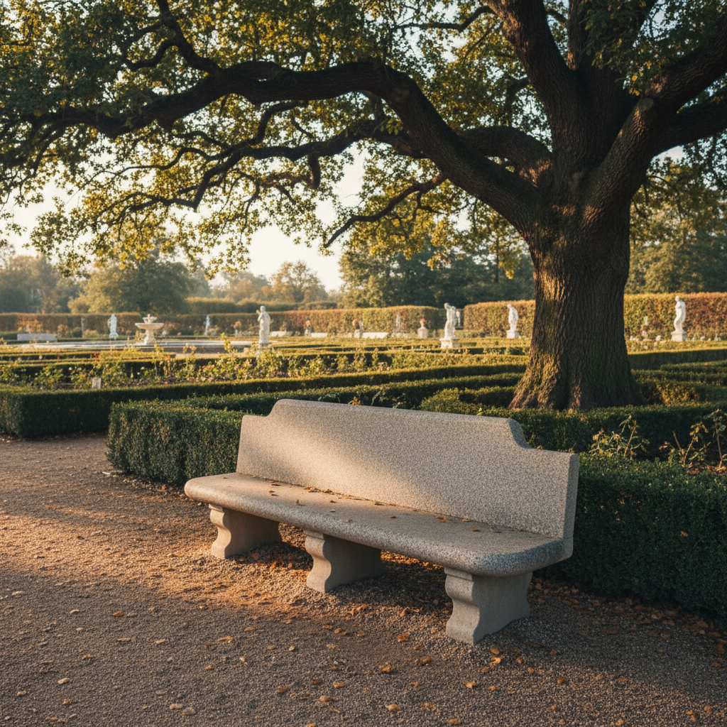 A simple stone bench with smooth, weathered edges sits beneath a tall, mature tree at the edge of a formal garden, surrounded by neatly clipped hedges and a few scattered fallen leaves. The bench’s cool gray surface is empty, inviting solitary reflection. Late afternoon light filters through the foliage, creating a dappled pattern of light and shadow on the bench and the precisely raked gravel path. Shot from a low, slightly off-center angle with moderate depth of field, the background garden elements remain recognizable yet subdued. The mood is contemplative and timeless, with clean, photographic realism that supports thoughtful engagement with meaningful quotes rather than competing with them.